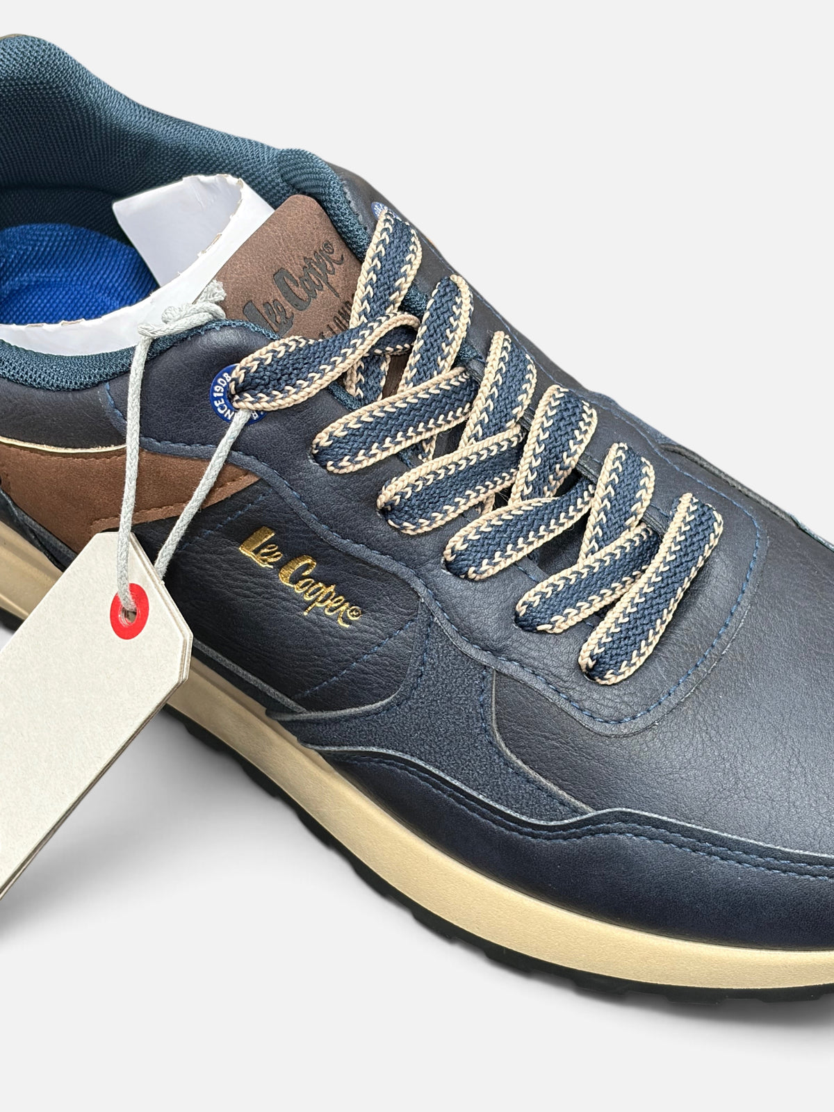 Sneakers da uomo Alex Calzature Le Cooper Liverpool blu con dettagli marroni, lacci bicolore e suola a contrasto