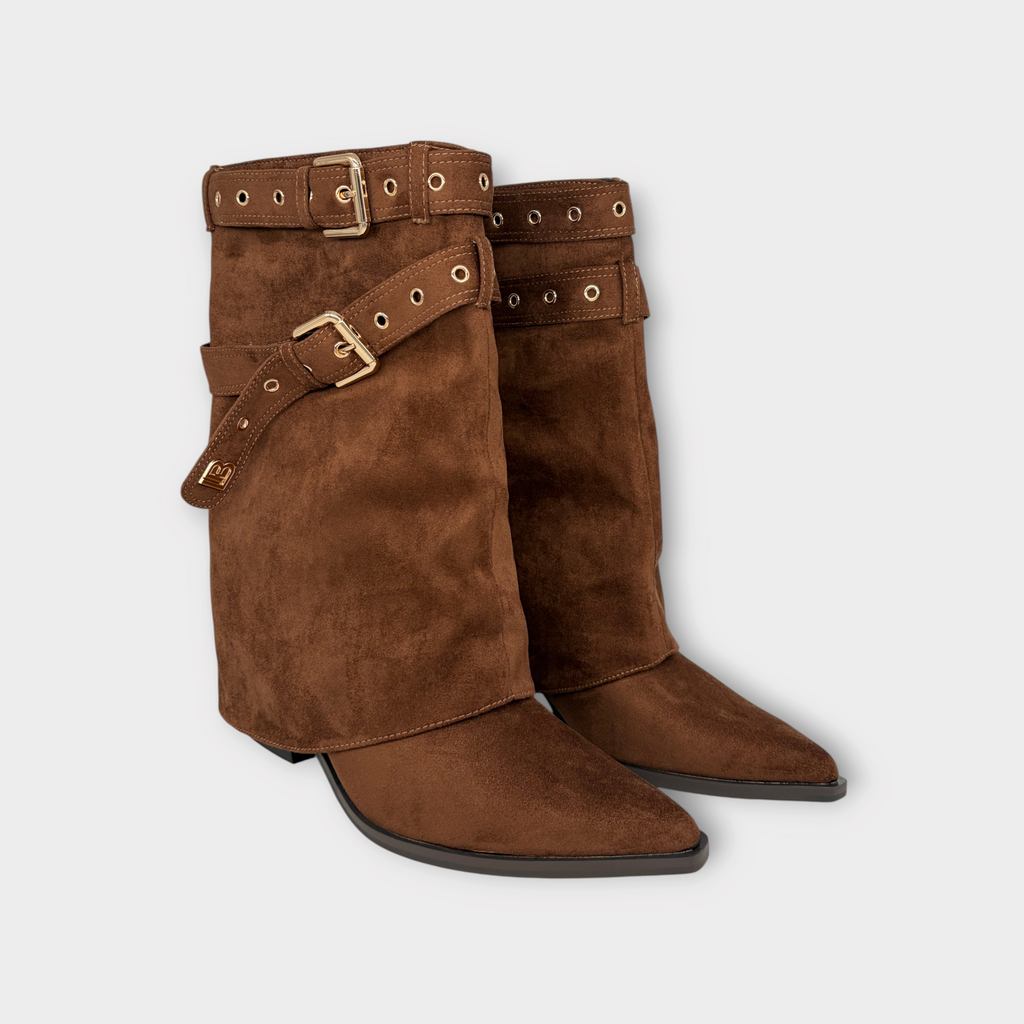Alex Calzature Laura Biagiotti brown suede ankle boots with gold buckle straps and pointed toe