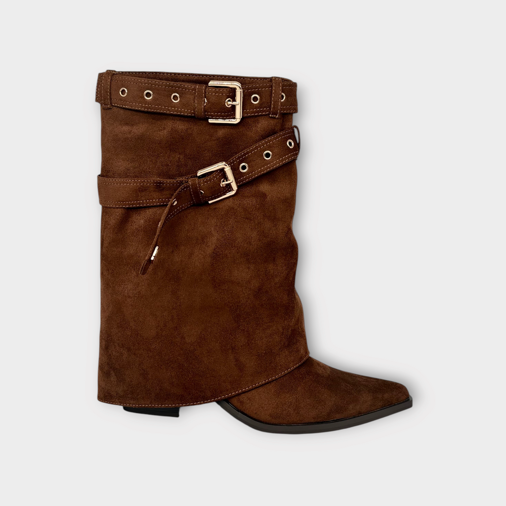 Alex Calzature Laura Biagiotti brown suede low boots with double buckle straps and pointed toe