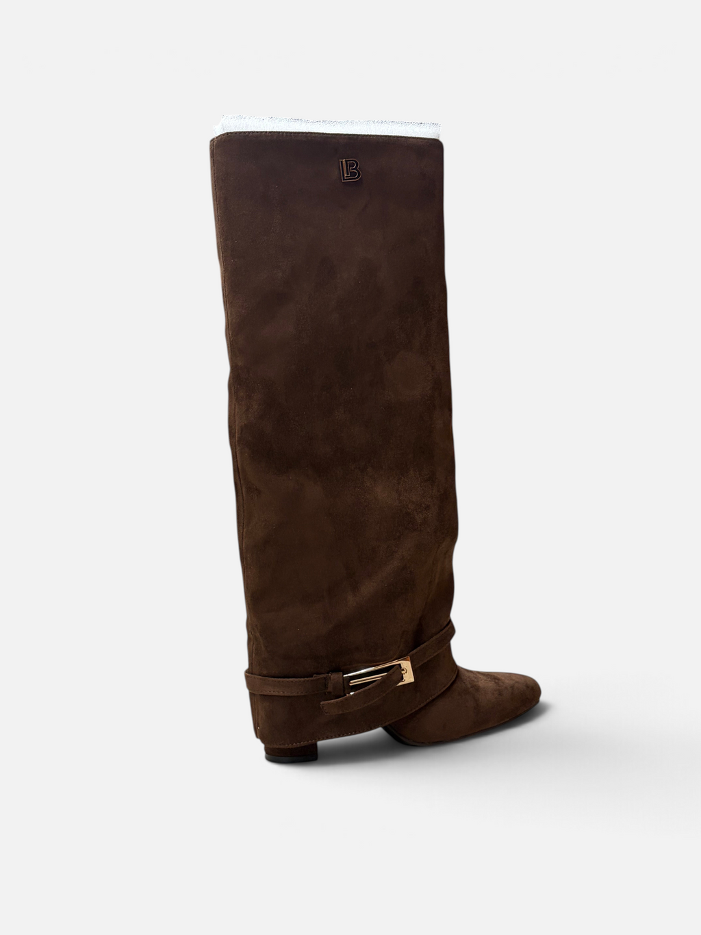 Stivale alto Alex Calzature Laura Biagiotti in camoscio marrone con dettaglio fibbia dorata e logo LB