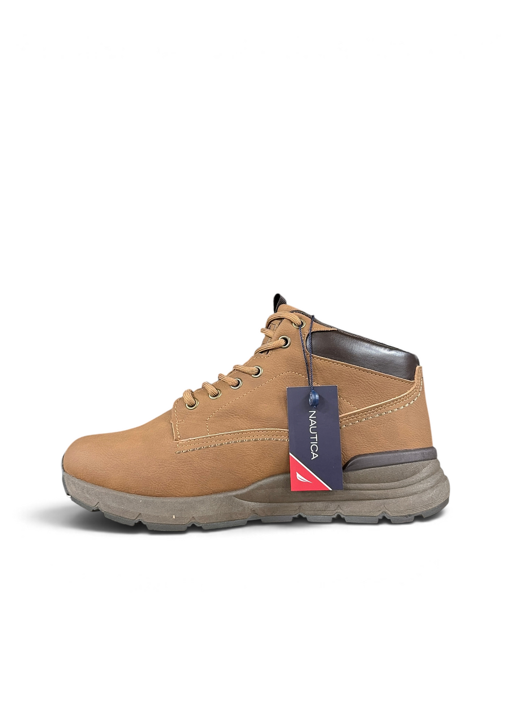 Alex Calzature Nautica Xavier NBK tan leather mid-top sneakers with brown padded collar and lugged rubber sole