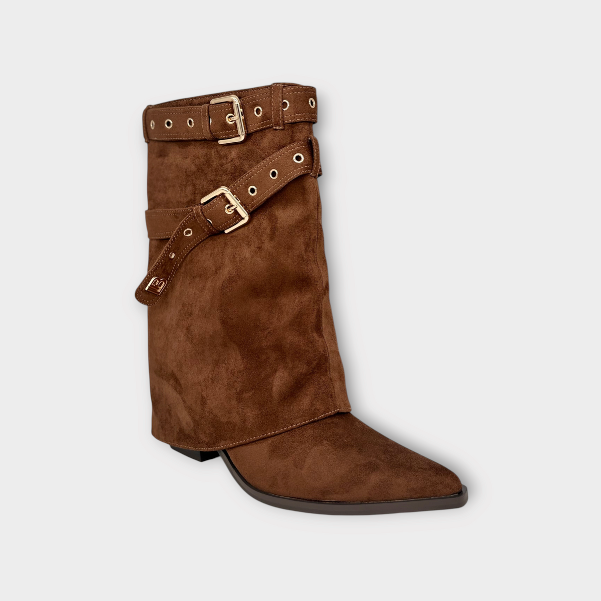 Alex Calzature Laura Biagiotti brown suede low boots with decorative gold buckles and pointed toe