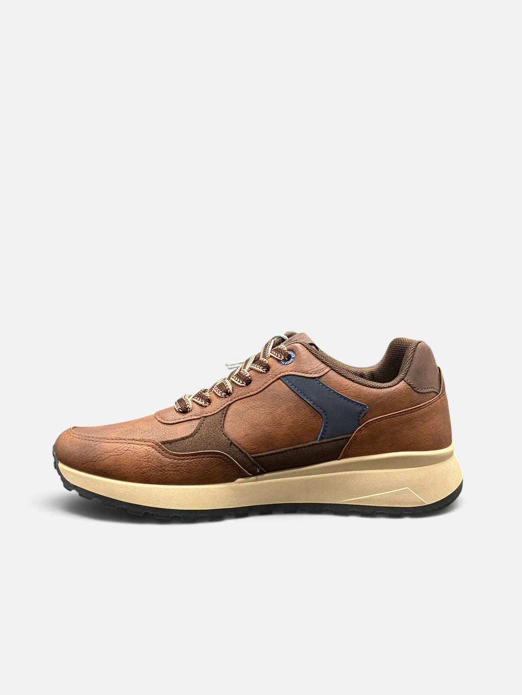 Sneakers da uomo Le Cooper Liverpool marroni con dettagli blu e suola beige, disponibili da Alex Calzature