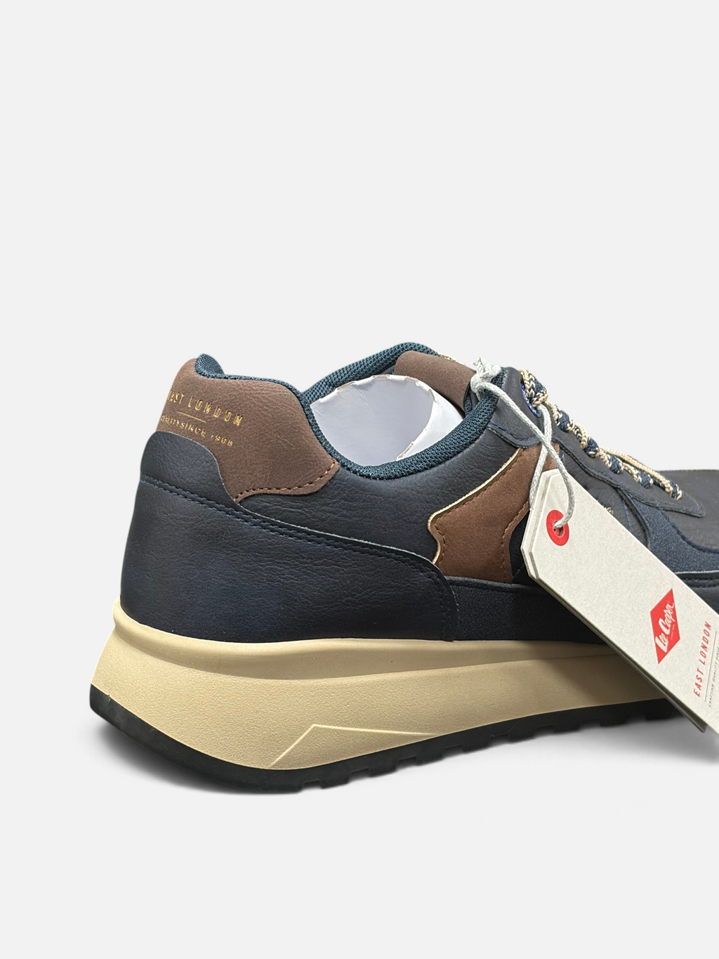 Sneakers da uomo Alex Calzature Le Cooper Liverpool in pelle blu e marrone con suola beige e dettaglio sul tallone