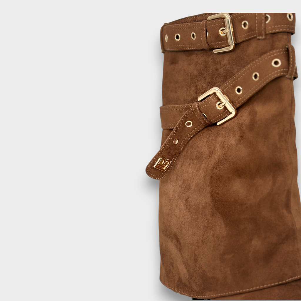 Alex Calzature Laura Biagiotti brown suede low boot featuring gold-tone buckle straps and branded metal detail.