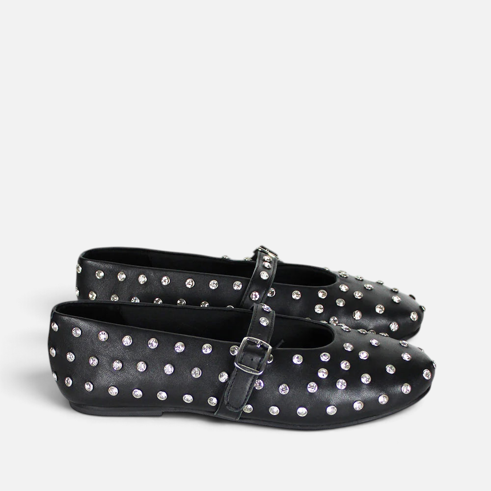 Ballerine Alex Calzature nere in pelle con strass luminosi, punta arrotondata e cinturino regolabile