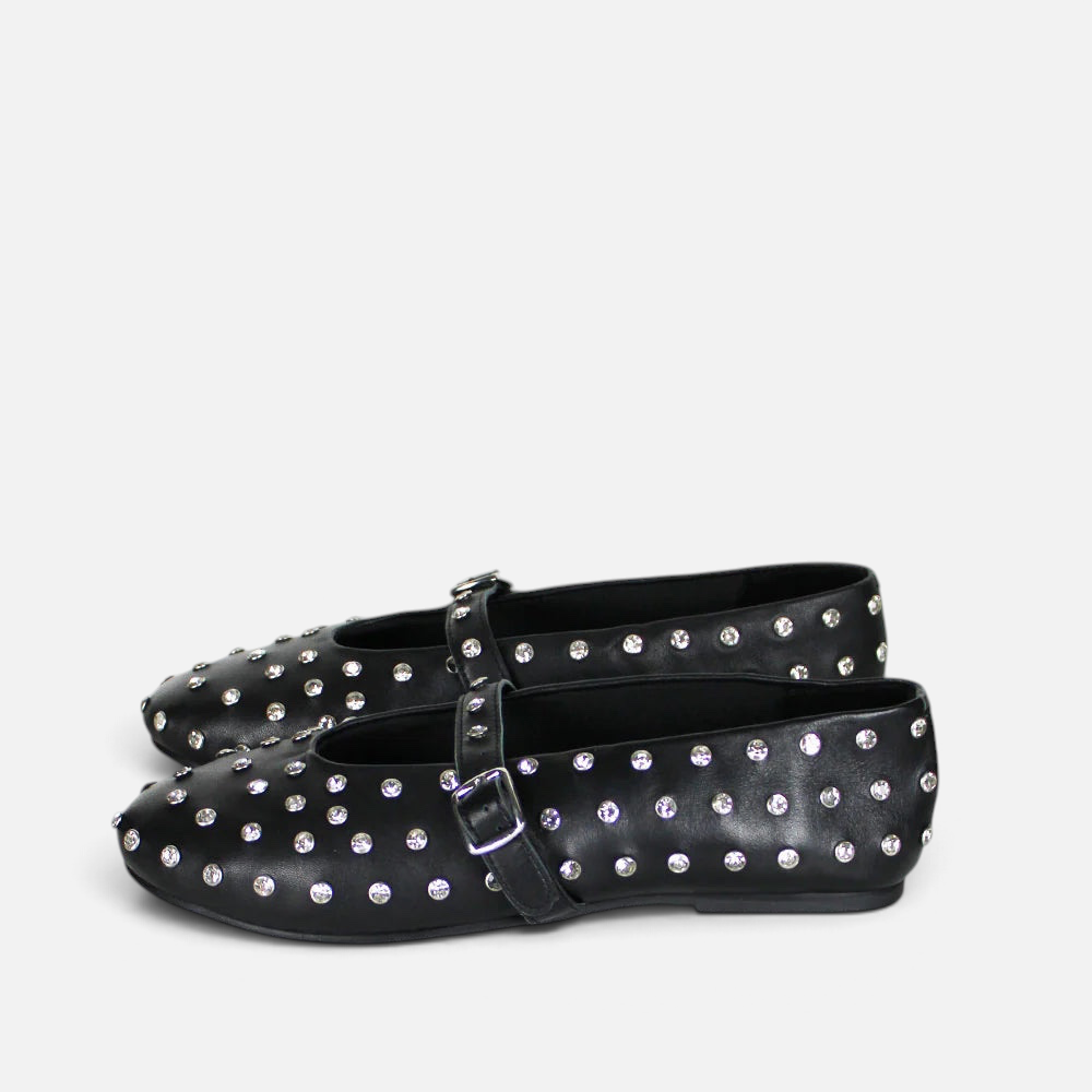 Ballerine Alex Calzature nere in pelle con strass decorativi, punta arrotondata e cinturino con fibbia