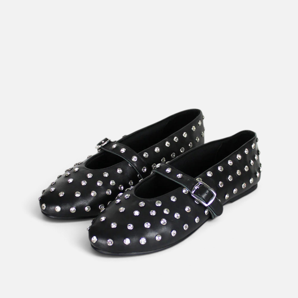 Ballerine Alex Calzature nere in pelle con strass, punta arrotondata e cinturino regolabile per donna