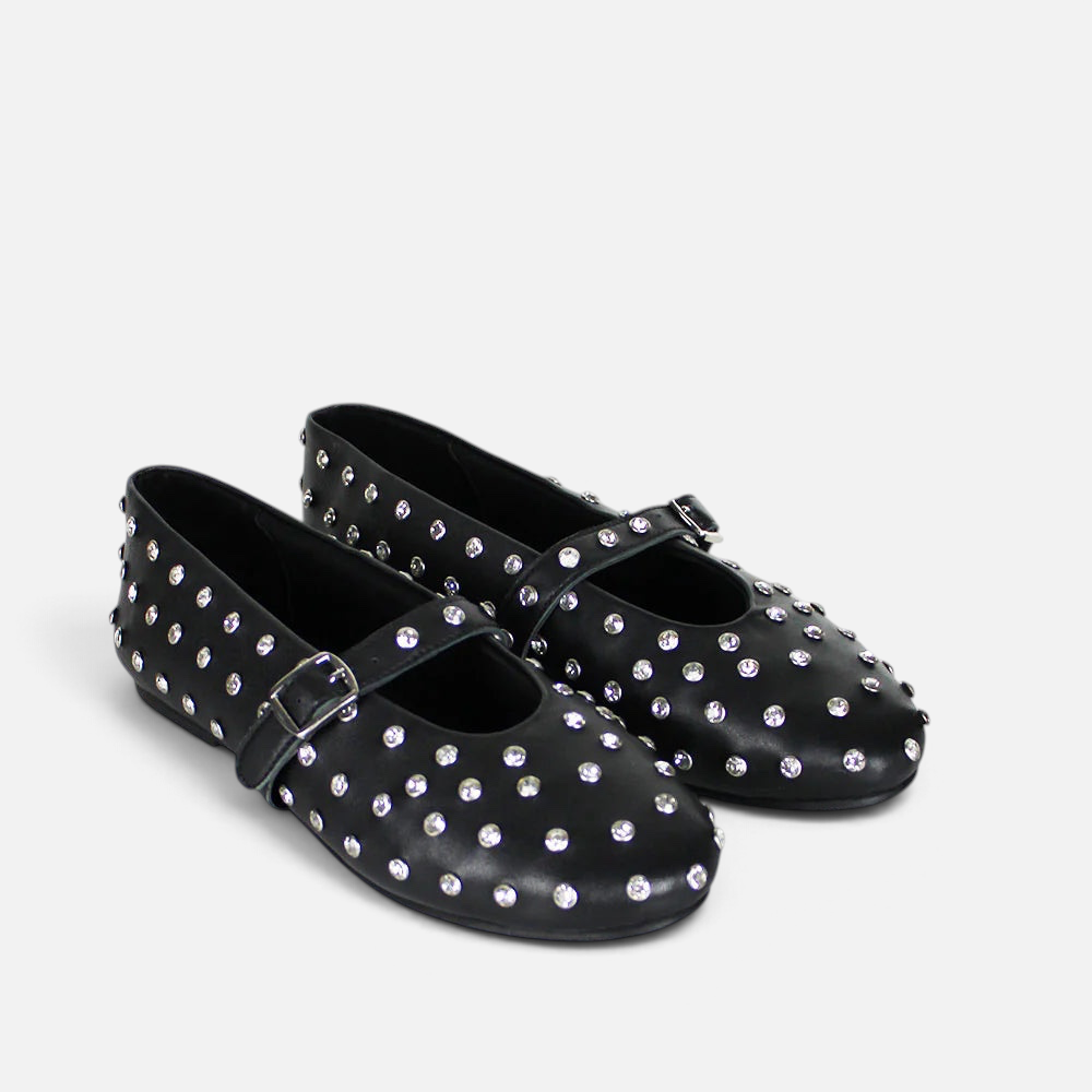 Ballerine Alex Calzature nere in pelle con strass luminosi, punta arrotondata e cinturino regolabile per donna.