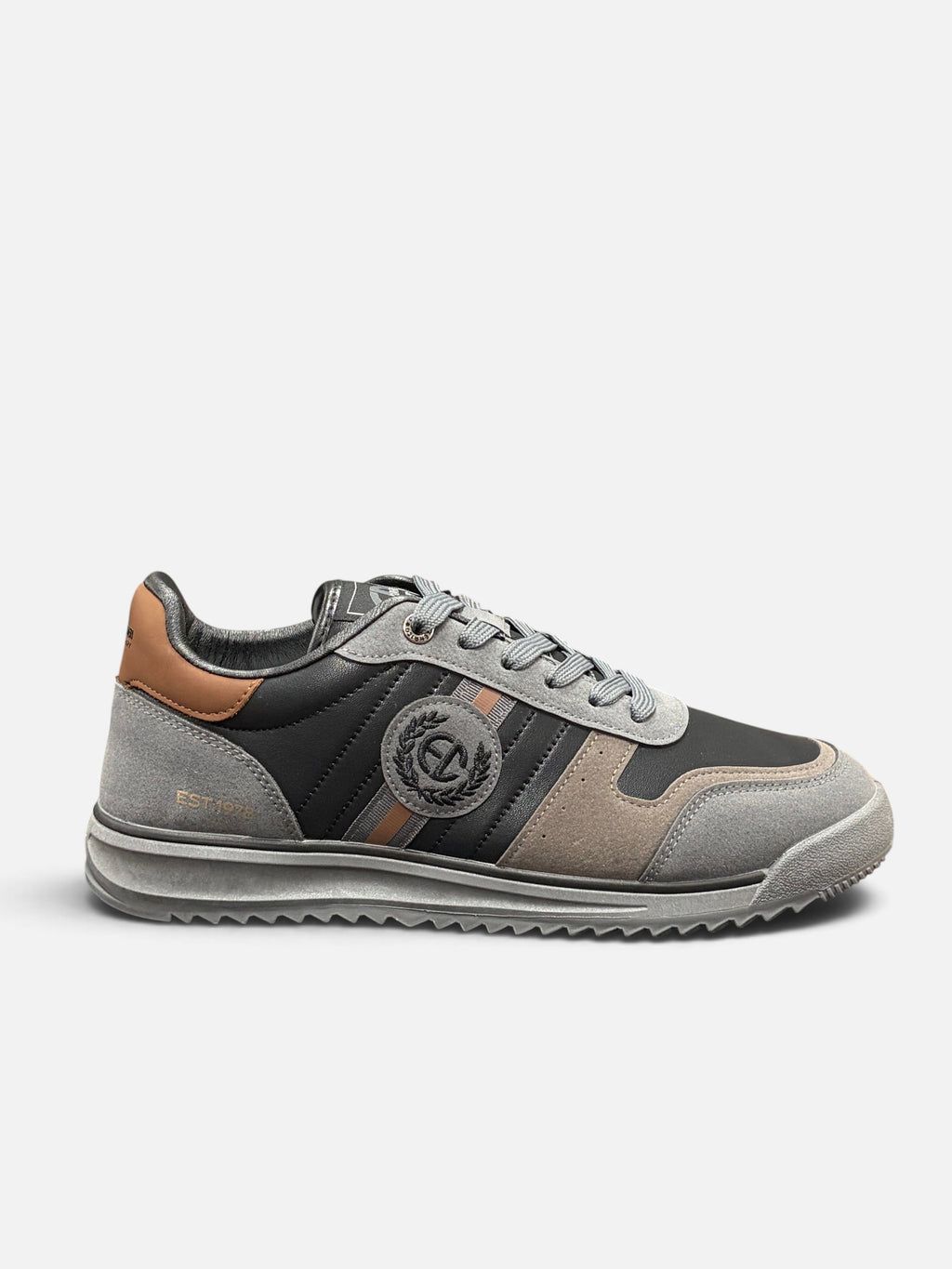 Sneakers da uomo Enrico Coveri modello Claus in pelle e camoscio grigio e marrone, disponibili da Alex Calzature