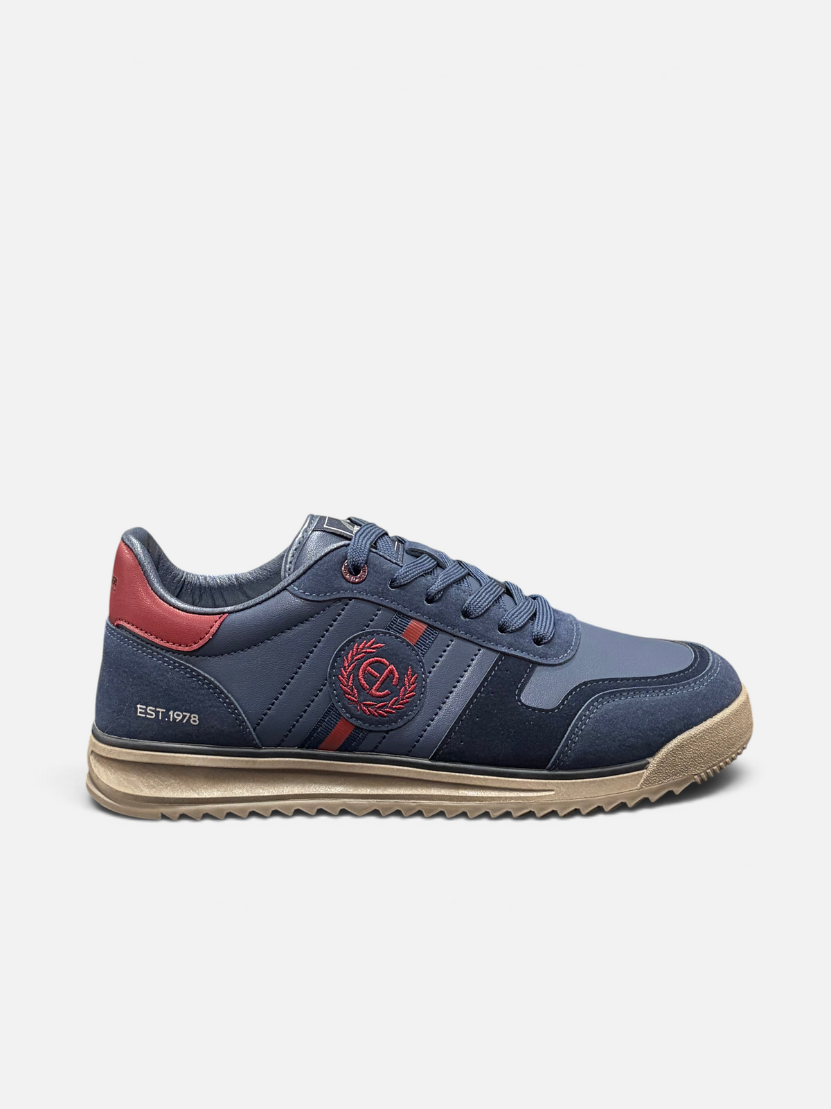 Sneakers da uomo Alex Calzature Enrico Coveri modello Claus in blu con dettagli rossi e suola in gomma beige