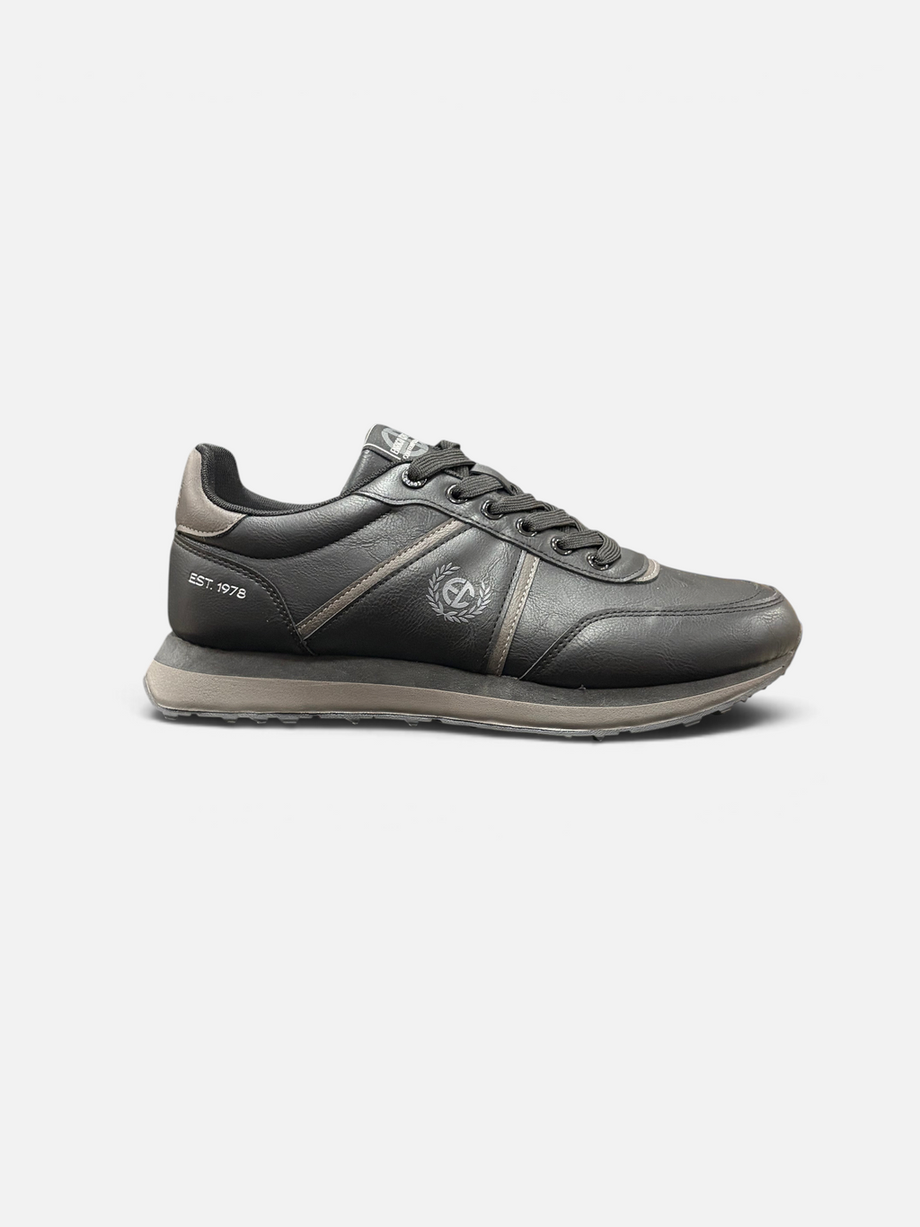 Sneakers uomo Enrico Coveri Gordon nere in ecopelle con logo laterale e suola grigia, disponibili da Alex Calzature