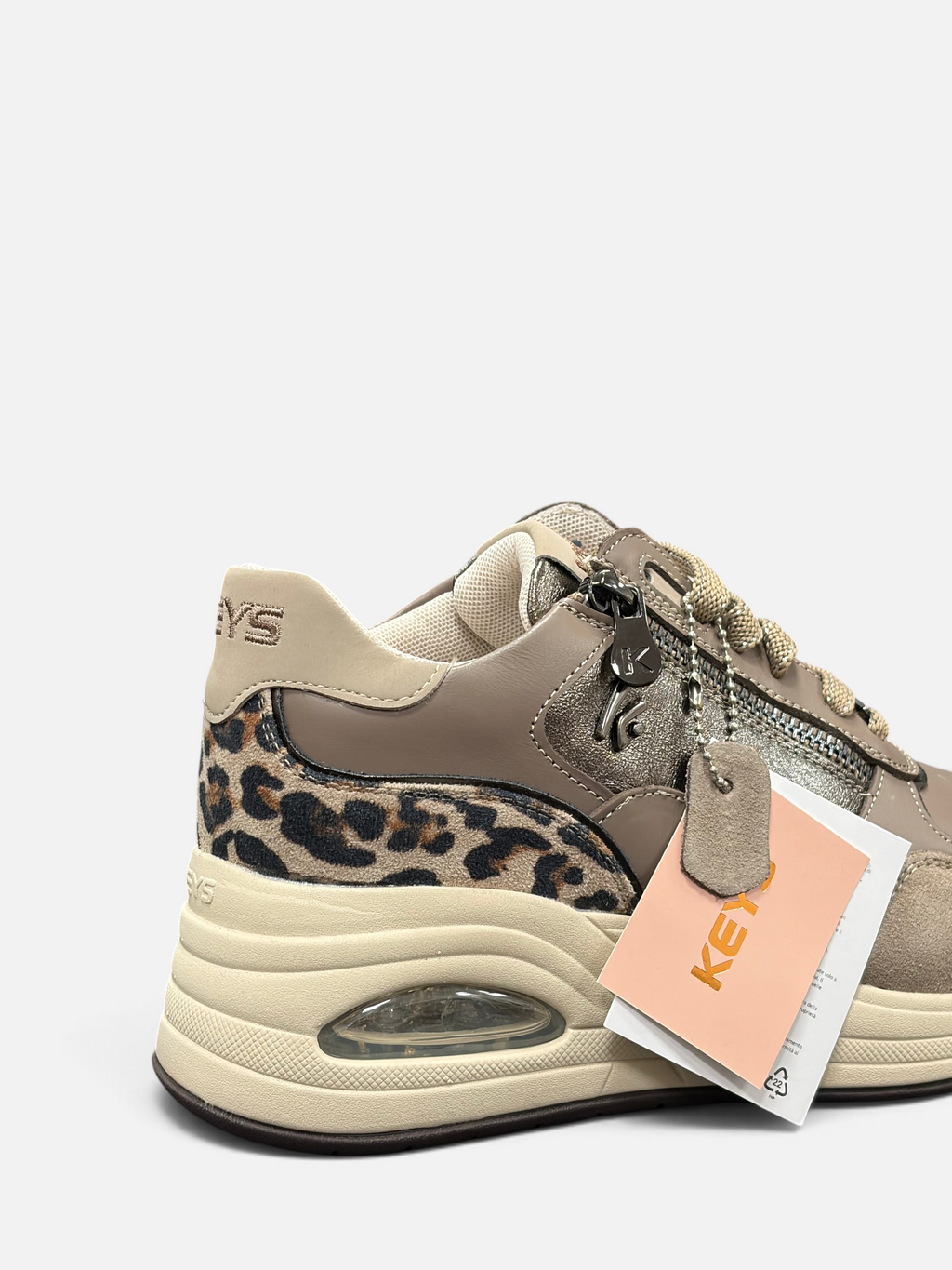 Sneaker donna Alex Calzature KEYS color taupe con dettagli animalier, inserti metallizzati e suola rialzata