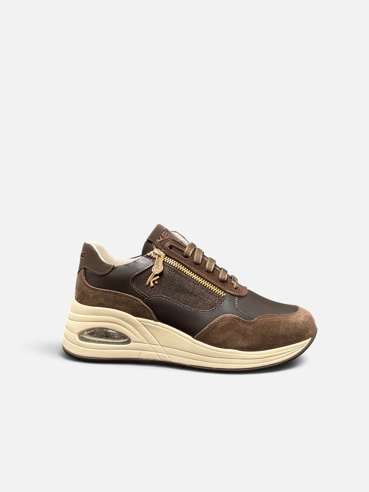 Sneakers da donna KEYS di Alex Calzature in pelle marrone e camoscio con zip laterale e suola ammortizzata color crema