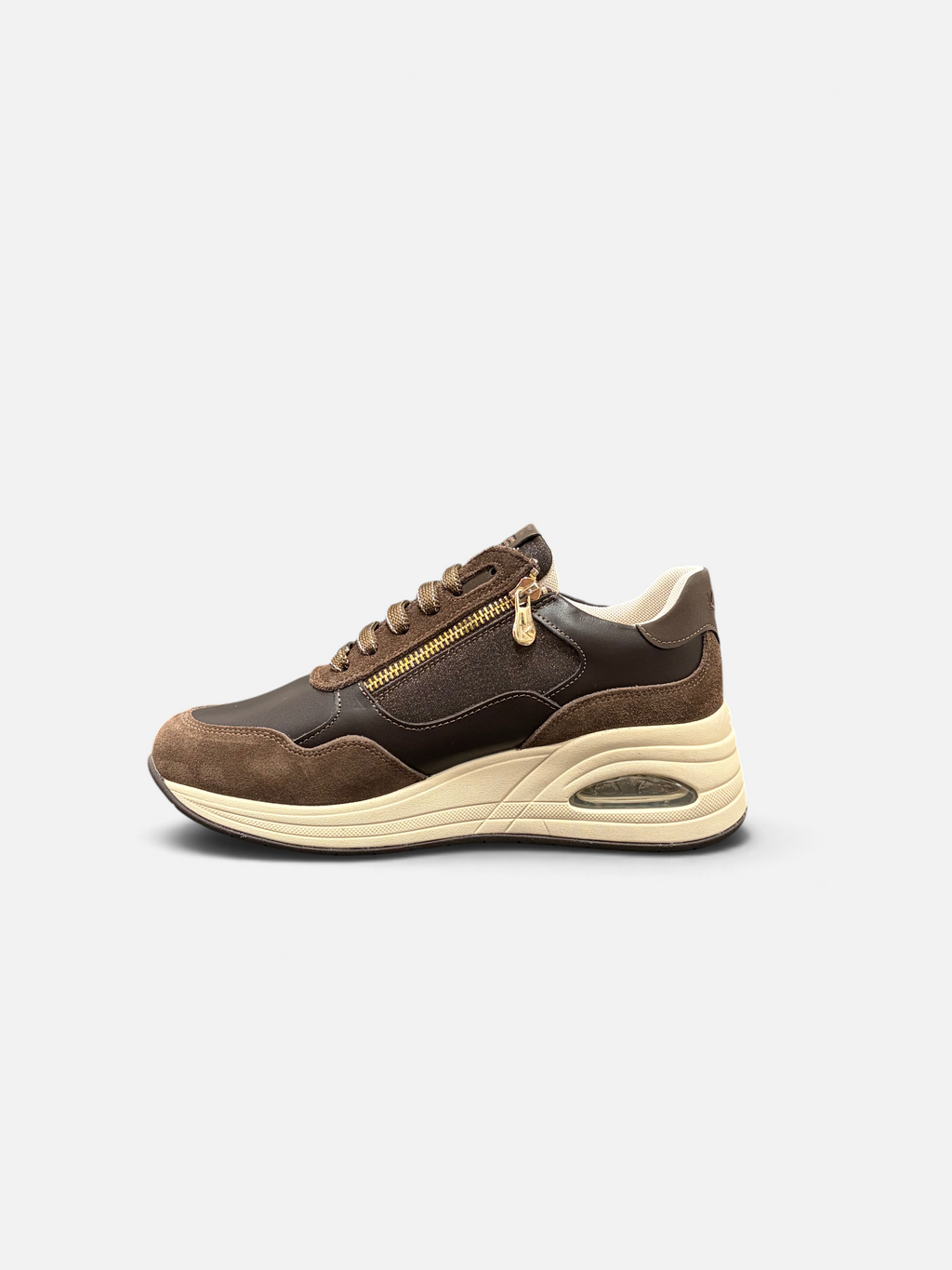 Sneakers da donna Alex Calzature KEYS marroni con inserti in camoscio, zip laterale e suola rialzata color crema