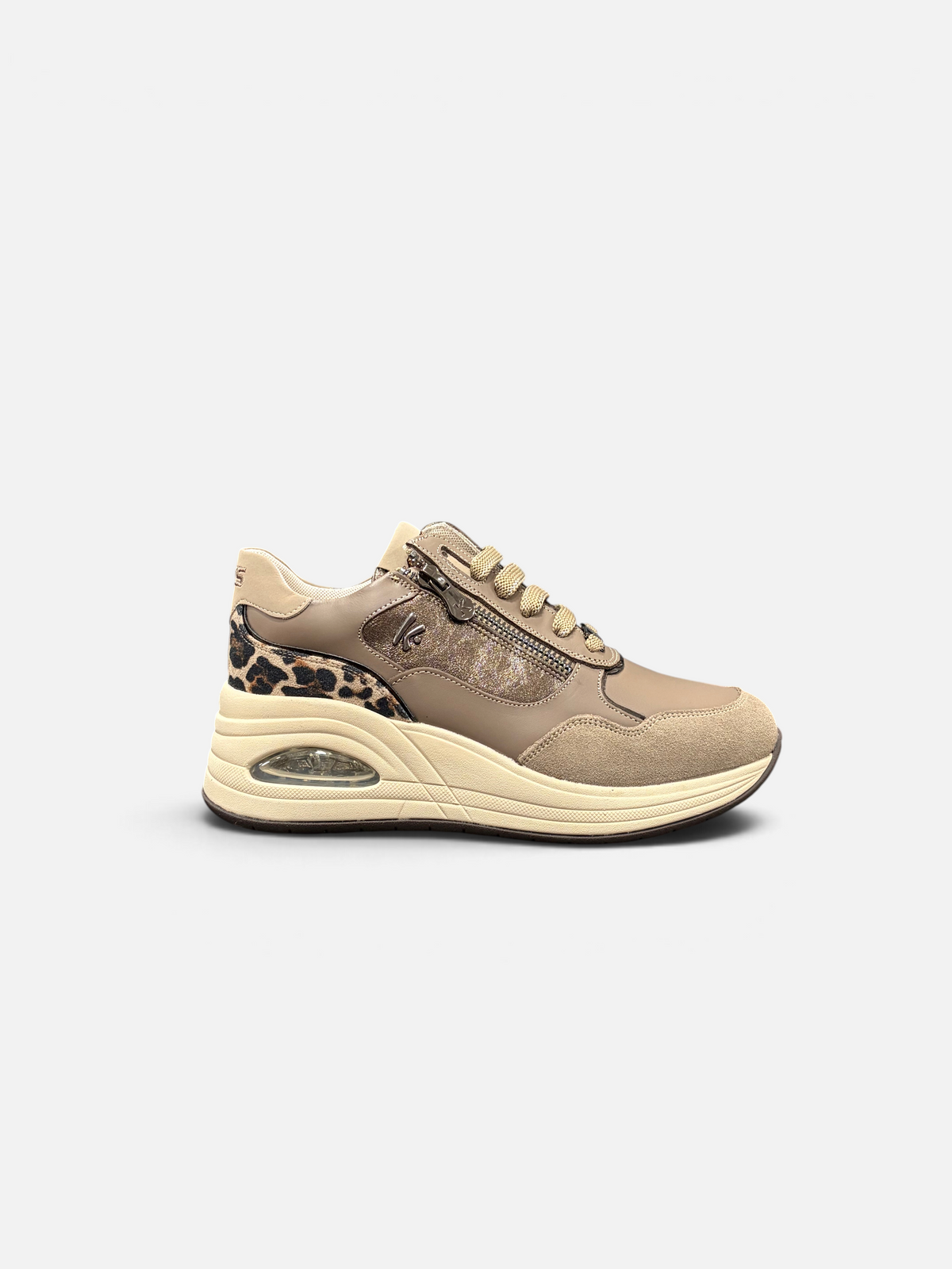 Sneakers da donna KEYS color taupe con inserti animalier leopardati, zip laterale e suola rialzata Alex Calzature