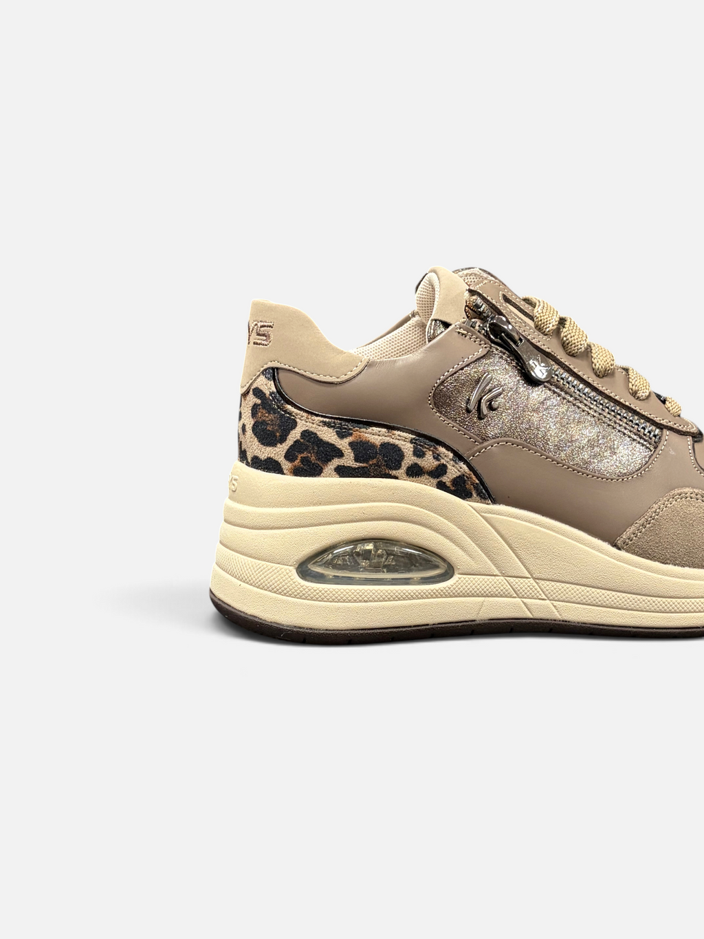 Sneakers da donna Alex Calzature KEYS color taupe con dettagli animalier leopardati, zip laterale e suola rialzata