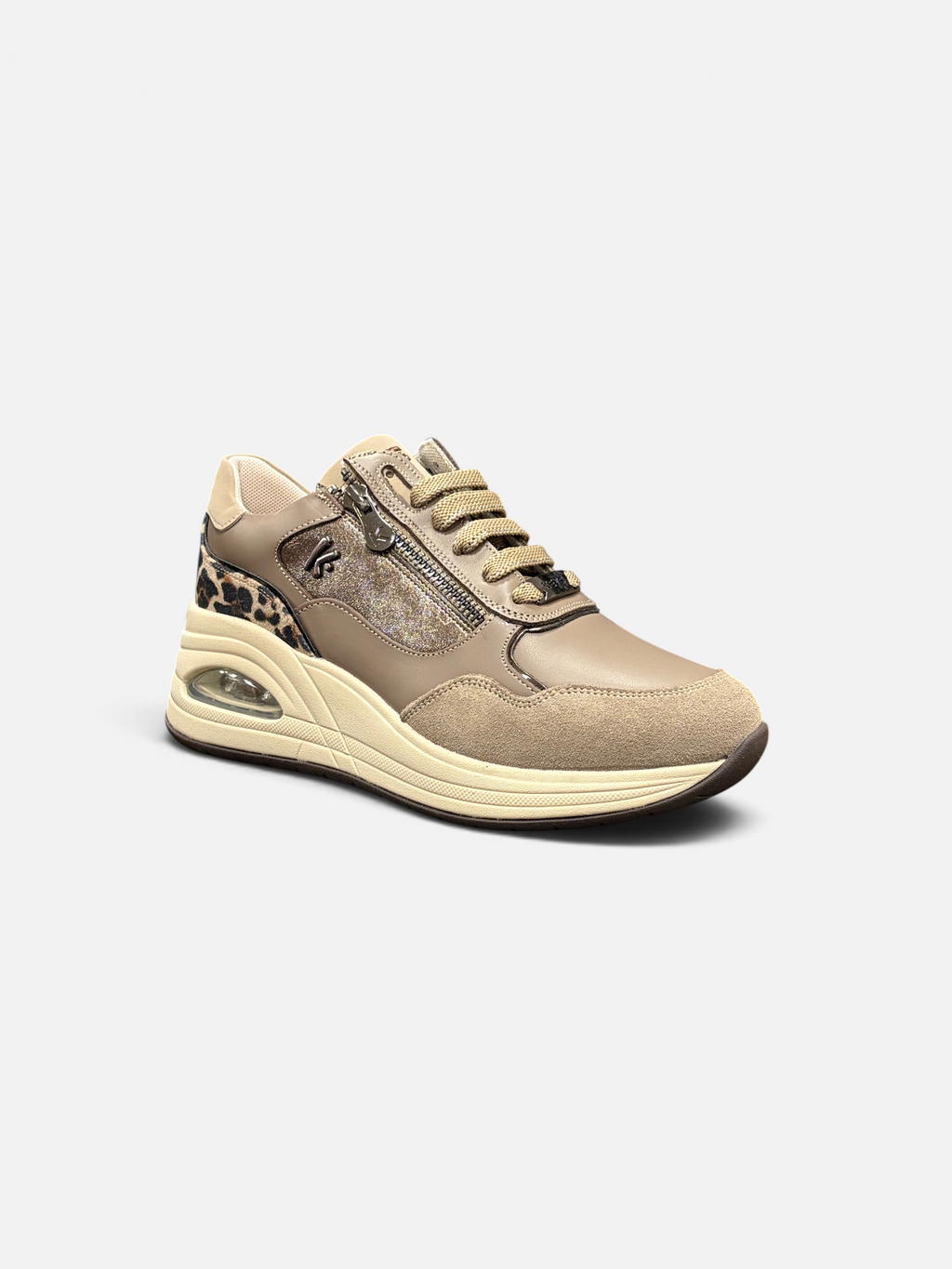 Sneakers da donna Alex Calzature color taupe con dettagli animalier, zip laterale e suola rialzata ammortizzata