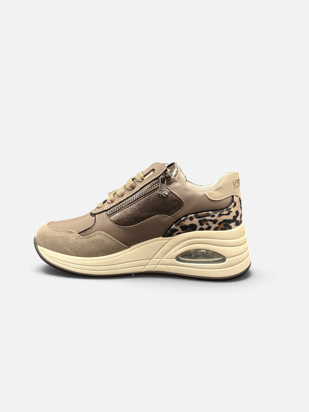 Sneakers Alex Calzature KEYS color taupe da donna con inserti animalier, zip laterale e suola rialzata ammortizzata