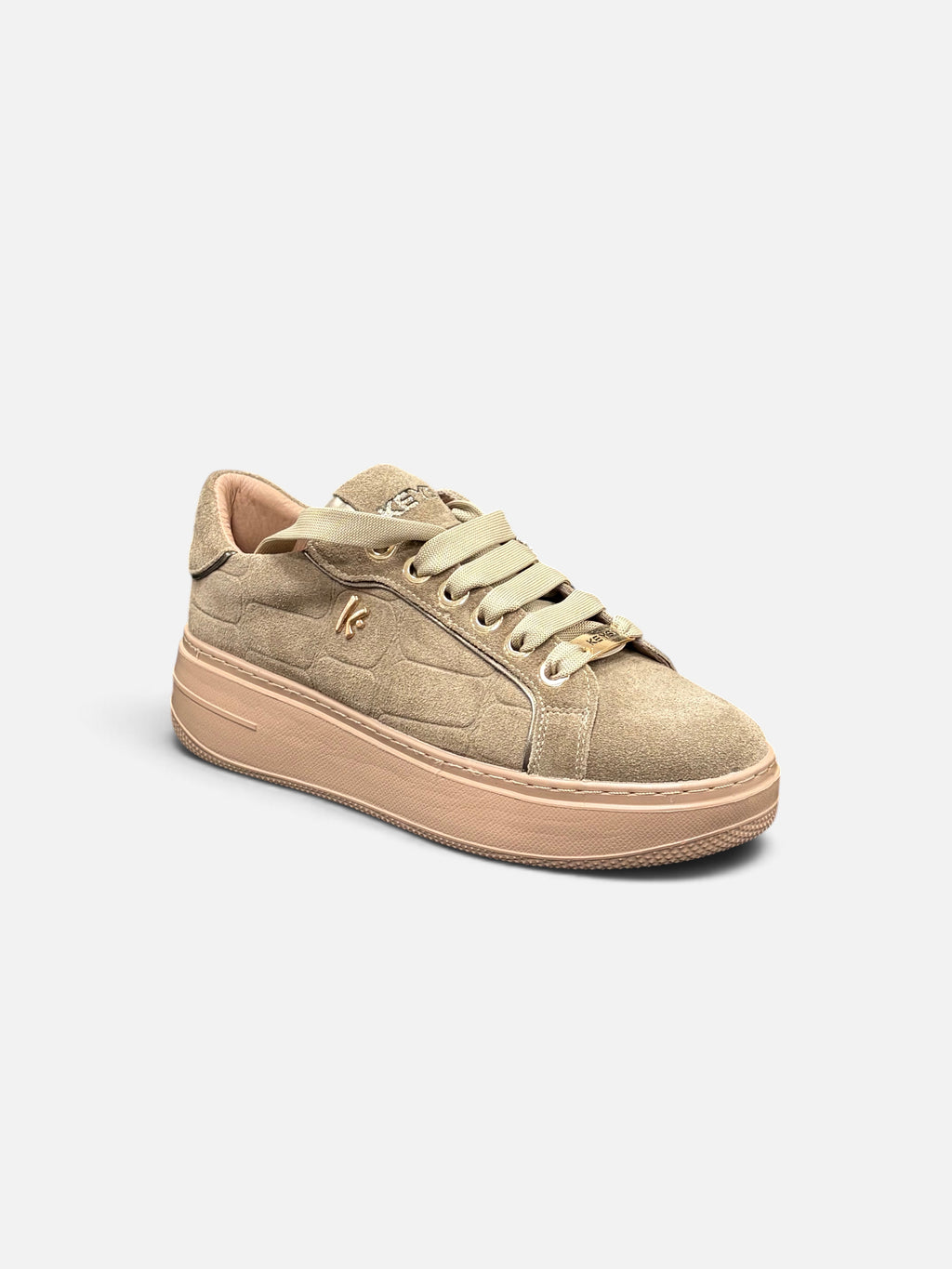 Sneakers da donna KEYS in camoscio beige con suola platform e dettagli dorati, disponibili da Alex Calzature