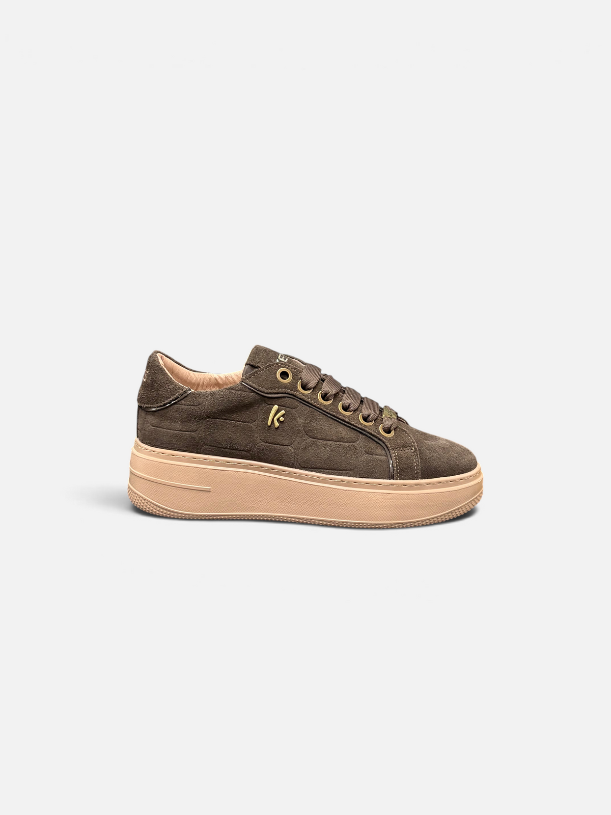 Sneakers da donna Alex Calzature KEYS in camoscio marrone con suola platform beige e dettagli dorati