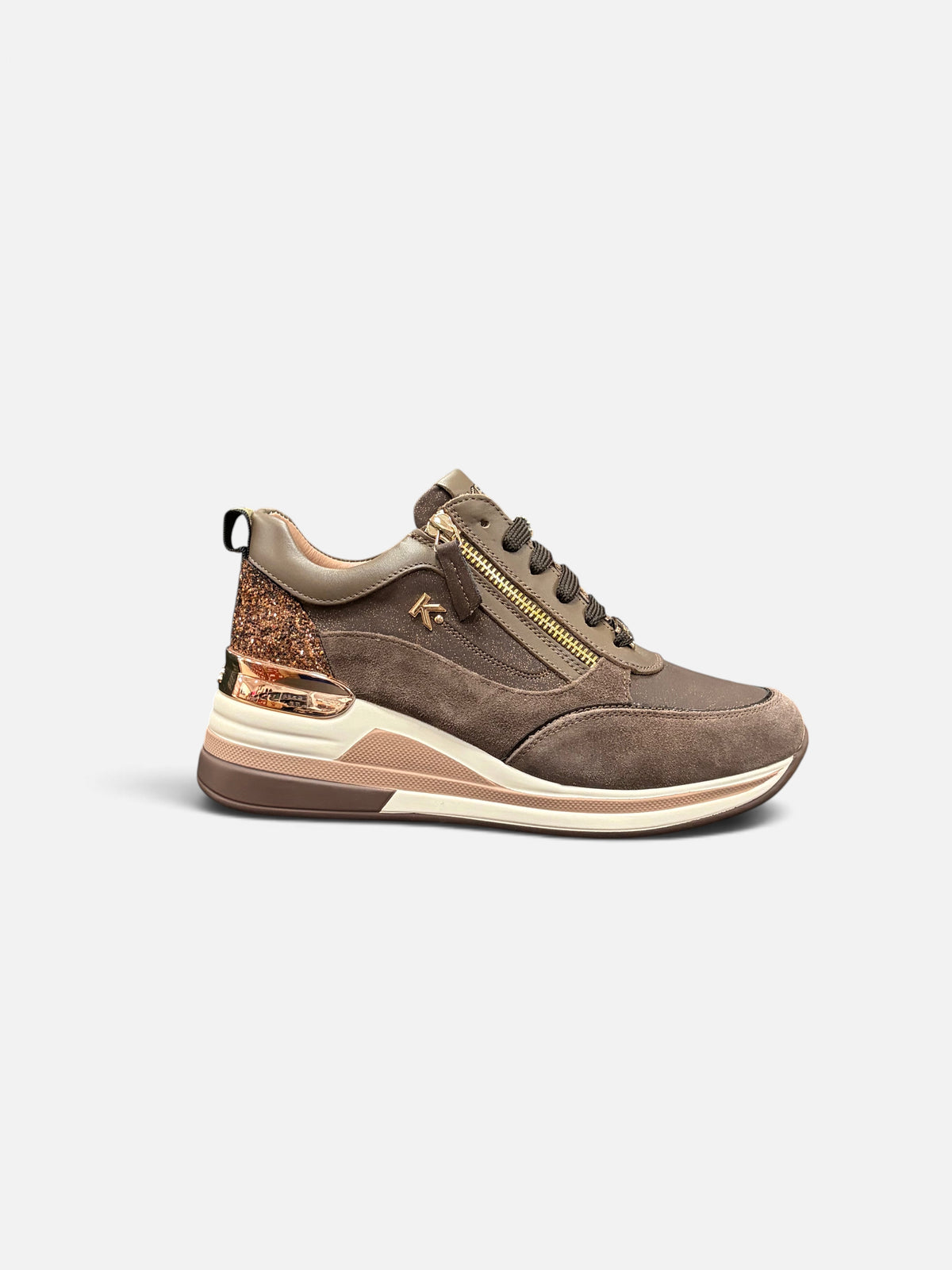 Sneaker da donna Alex Calzature color marrone con dettagli glitterati, zip laterale dorata e suola platform rialzata