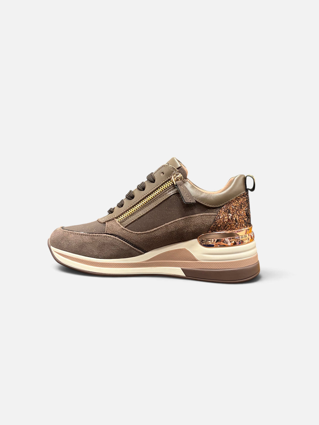 Sneaker donna Alex Calzature KEYS color fango con inserti glitter, zip laterale e suola platform rialzata