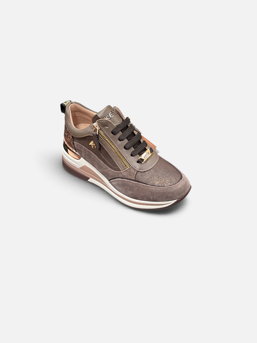 Sneaker donna Alex Calzature KEYS color tortora con dettagli glitterati, zip laterale e suola rialzata
