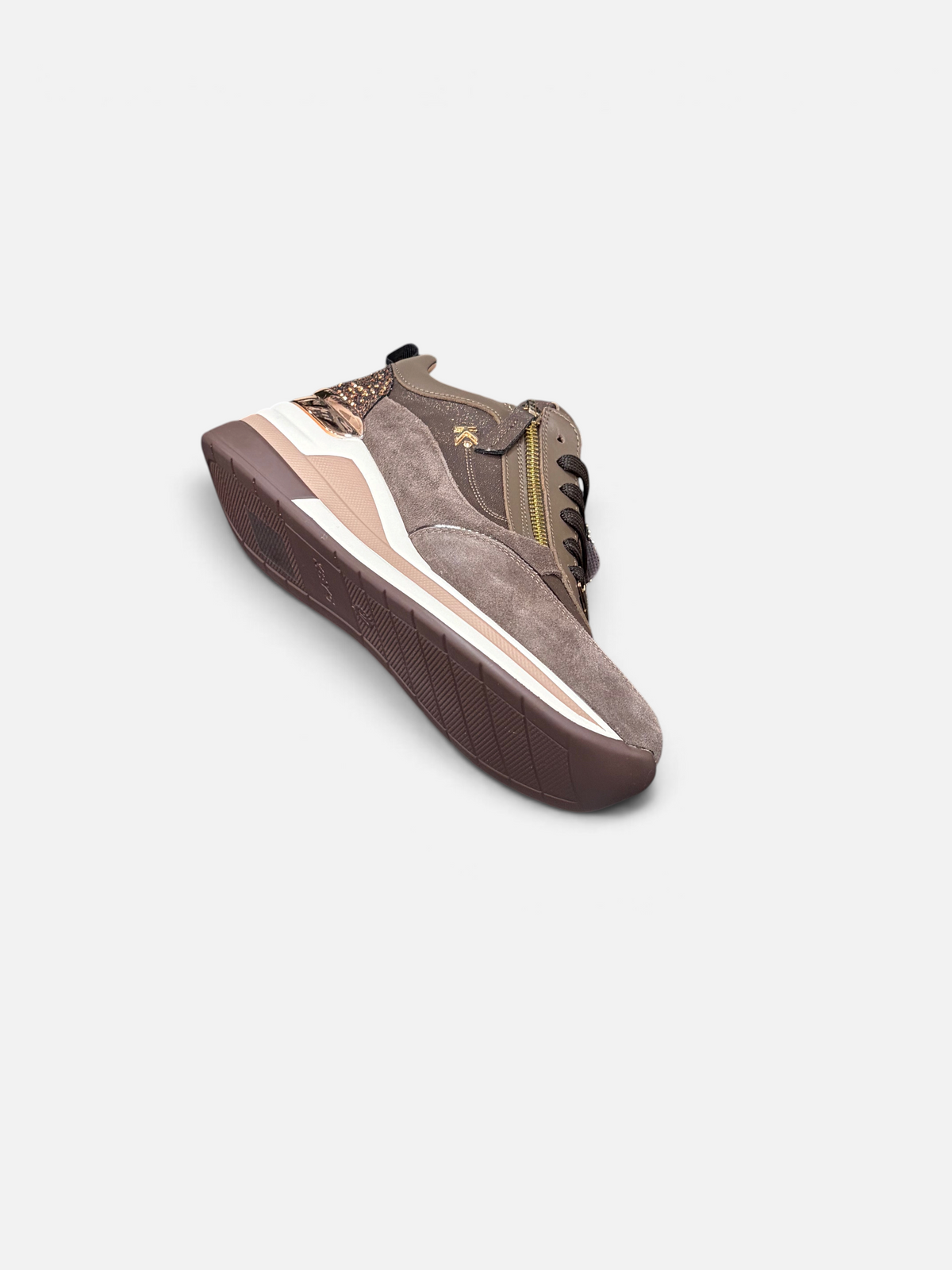Sneaker da donna Alex Calzature KEYS in camoscio marrone con dettagli glitterati, zip laterale e suola sportiva