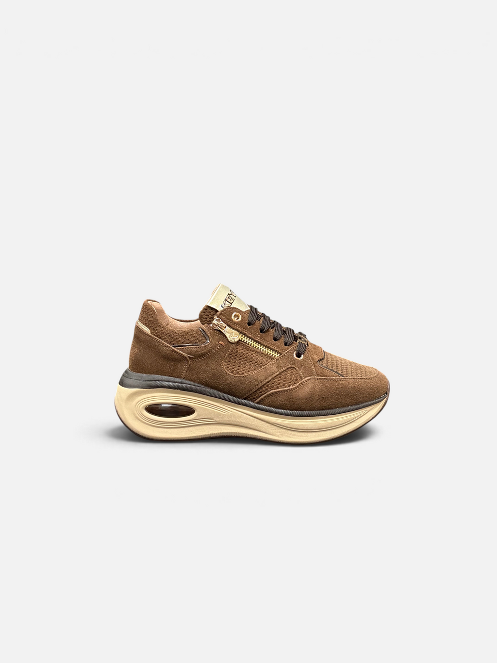 Sneaker da donna Alex Calzature KEYS color cioccolato in camoscio con zeppa ammortizzata e chiusura a zip laterale