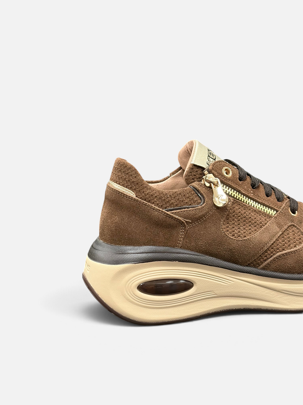 Sneaker da donna Alex Calzature KEYS color cioccolato in camoscio con zip laterale e suola ammortizzata beige