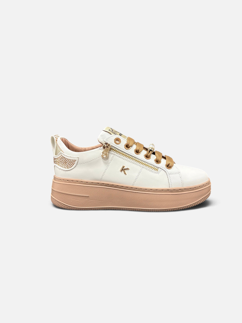 Sneakers Alex Calzature KEYS da donna in pelle bianca con suola platform color cipria, lacci dorati e zip laterale