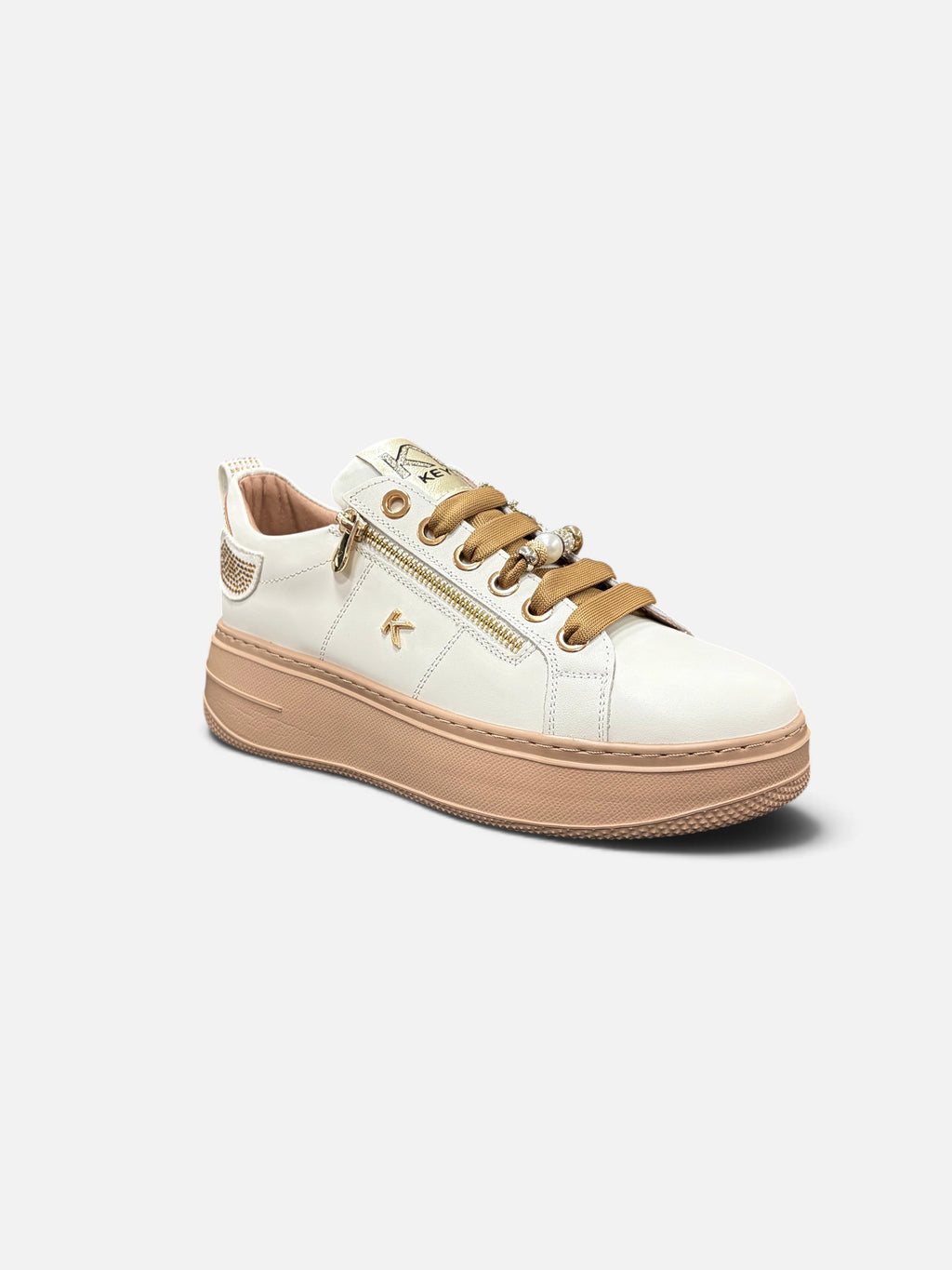 Sneakers donna Alex Calzature KEYS in pelle bianca con suola platform color carne, zip laterale e lacci decorati