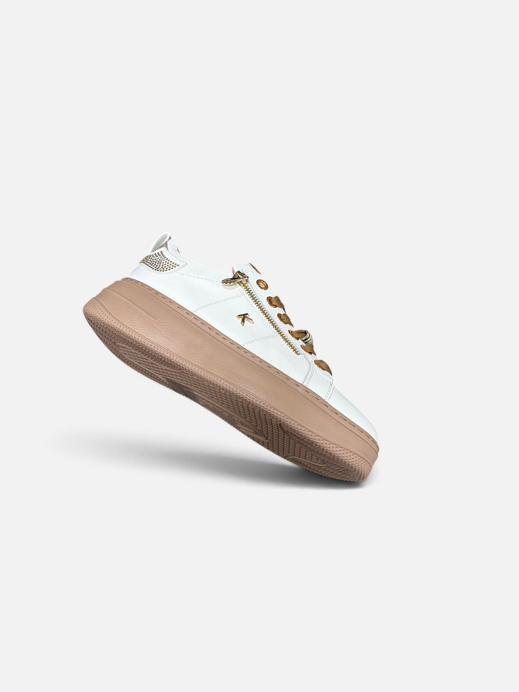Sneakers Alex Calzature KEYS in pelle bianca con suola platform color carne, zip laterale e dettagli dorati